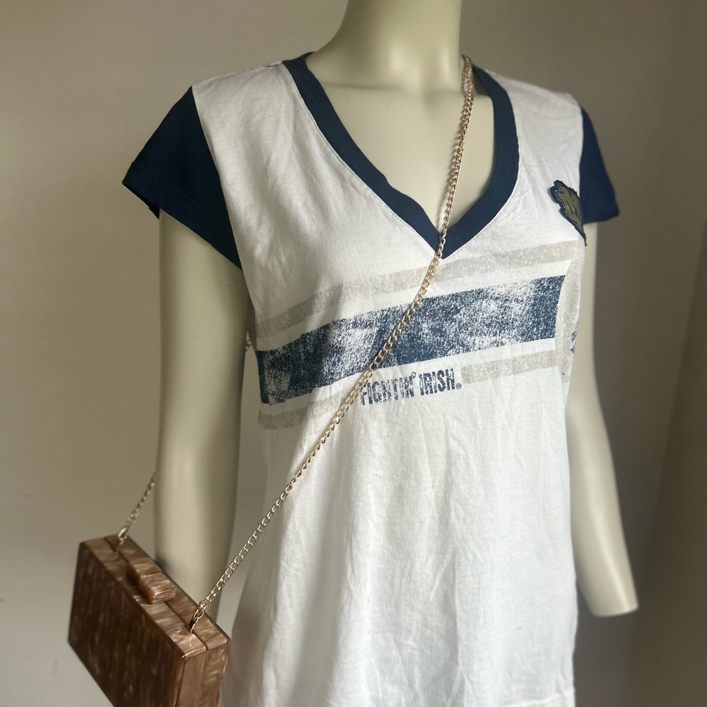 4her carl banks Women's White and Blue V-Neck Top L